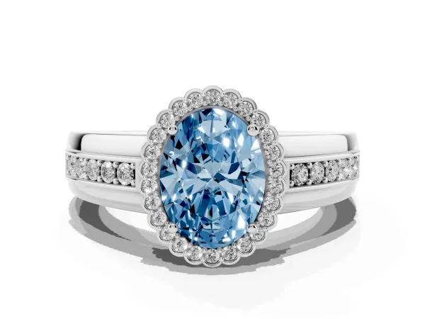 Fancy Blue Oval Cut Cut Halo Pave Band Four-Prong Ring White gold