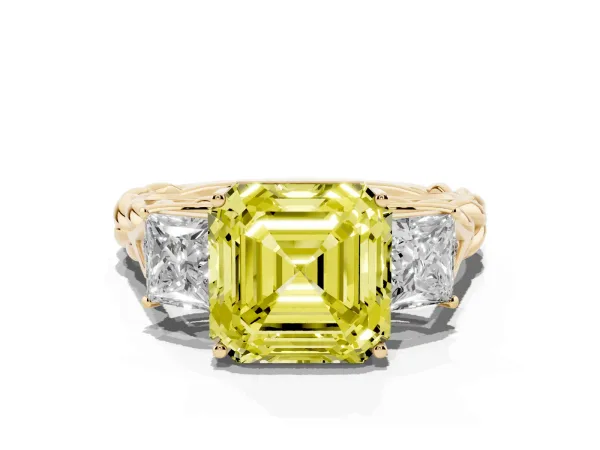 Fancy Yellow Three-Stone Asscher Cut Diamond Braided Band Ring with Four-Prong Setting Yellow gold