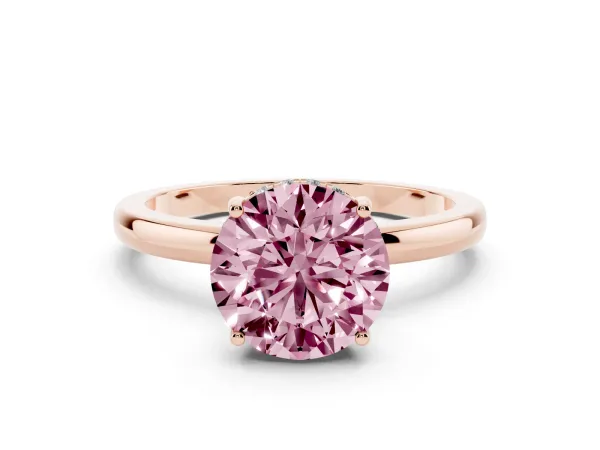 Fancy Pink Round Cut Solitaire Diamond Ring with Prong Setting and Plain Band Rose gold