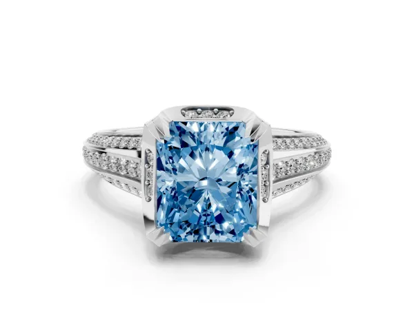 Fancy Blue Radiant Cut Solitaire Pave Split Shank Ring with Four-Prong Setting Platinum