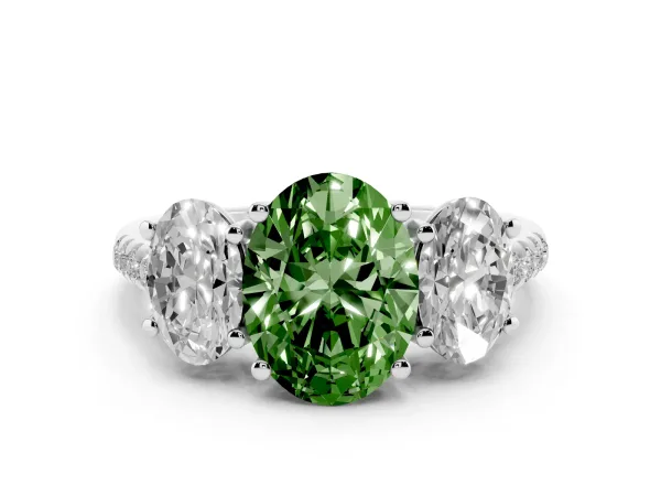 Fancy Green Three-Stone Oval Cut Diamond Ring with Round Pavé Band and Prong Setting Platinum