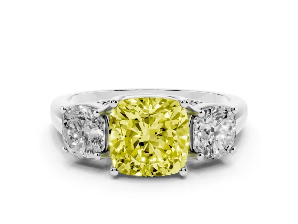 Fancy Yellow Three-Stone Cushion Cut Diamond Engagement Ring with Prong Setting White gold