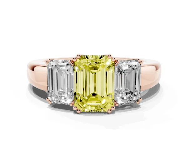 Fancy Yellow Three-Stone Emerald Cut Cut Diamond Ring with Channel Set Band and Four-Prong Setting Rose gold