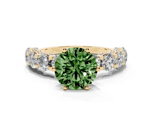 Fancy Green Round Cut Diamond Side Stone Engagement Ring with Four-Prong Setting Yellow gold