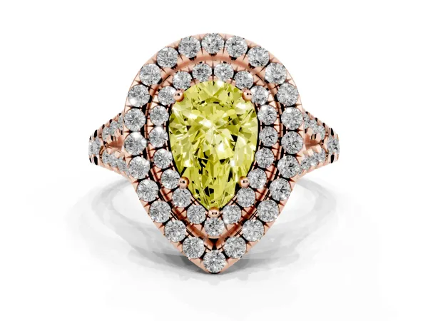 Fancy Yellow Double Halo Pear Cut Diamond Pavé Split Shank Ring with Prong Setting Rose gold