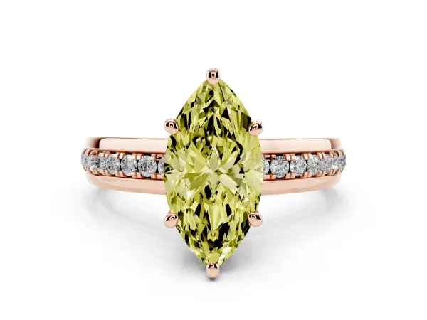 Fancy Yellow Marquise Cut Solitaire Diamond Ring with Channel Set Band and Six-Prong Setting Rose gold