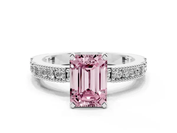 Fancy Pink Emerald Cut Solitaire with Pavé Band and Four-Prong Setting White gold