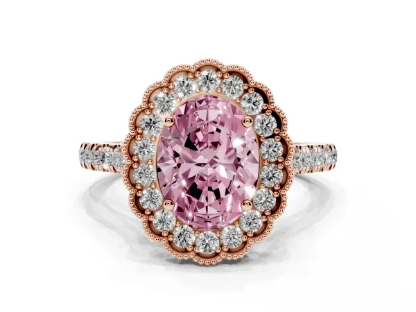 Fancy Pink Oval Cut Cut Diamond Milgrain Floral Halo Engagement Ring with Pavé Band Rose gold