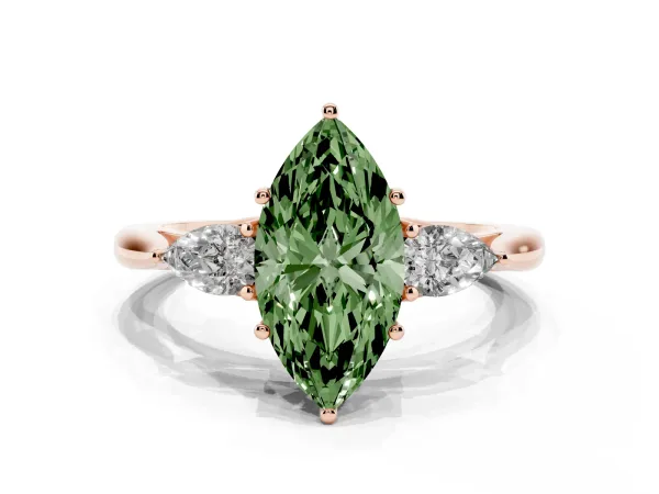 Fancy Green Three-Stone Marquise Cut Brilliant Diamond Solitaire Ring with Tapered Band and Four-Prong Setting Rose gold