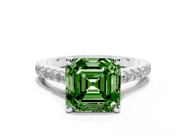 Fancy Green Asscher Cut Brilliant Diamond Solitaire with Pavé Band and Four-Prong Setting Platinum