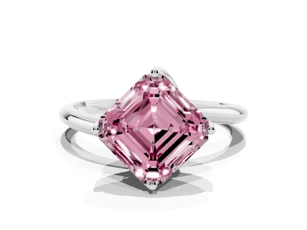 Fancy Pink Asscher Cut Diamond Solitaire Engagement Ring with Four-Prong Setting and Classic Band Platinum