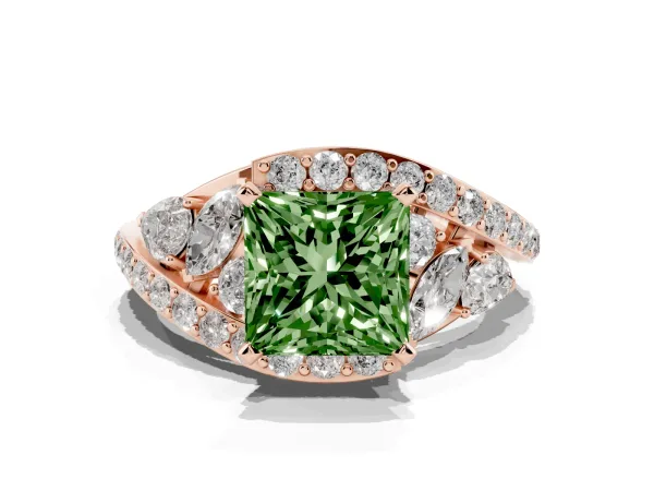Fancy Green Princess Cut Diamond Halo Ring with Marquise and Pavé Band in Prong Setting Rose gold