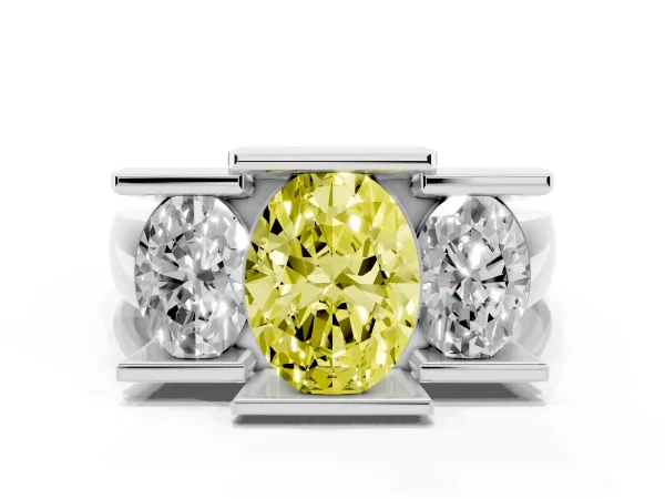 Fancy Yellow Three Stone Oval Cut Cut Channel Set Diamond Ring White gold