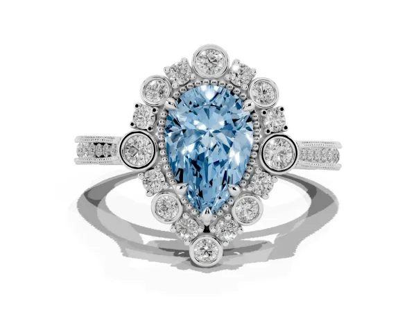 Fancy Blue Pear Cut Halo Milgrain Pave Diamond Ring with Four-Prong Setting Platinum
