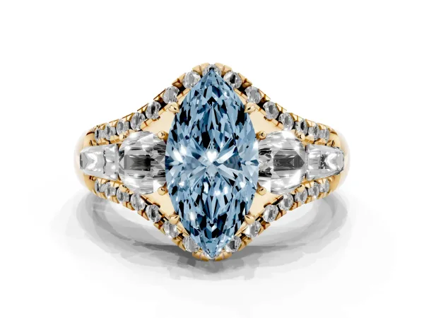 Fancy Blue Three-Stone Marquise Cut Diamond Engagement Ring with Pave Band and Prong Setting Yellow gold
