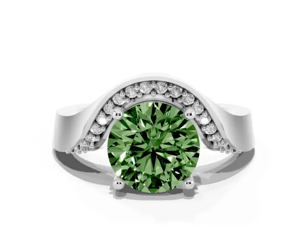 Fancy Green Round Cut Solitaire Diamond Engagement Ring with Pave Band and Four-Prong Setting Platinum