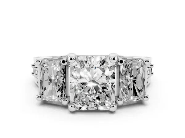 Radiant Cut Diamond Three-Stone Ring with Channel Set Band and Four-Prong Setting Platinum