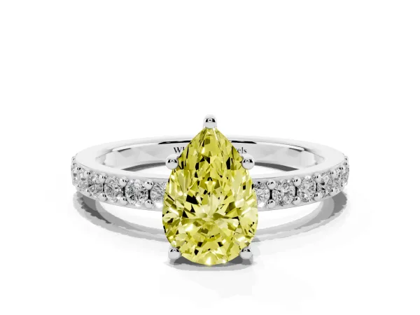 Fancy Yellow Pear Cut Cut Diamond Solitaire with Pave Band and Four-Prong Setting White gold