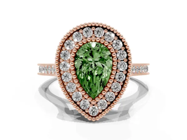 Fancy Green Pear Cut Diamond Halo Ring with Milgrain Frame and Pavé Band Rose gold