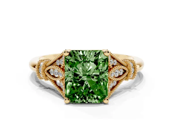 Fancy Green Radiant Cut Diamond Solitaire Ring with Floral Filigree and Pave Accents Yellow gold