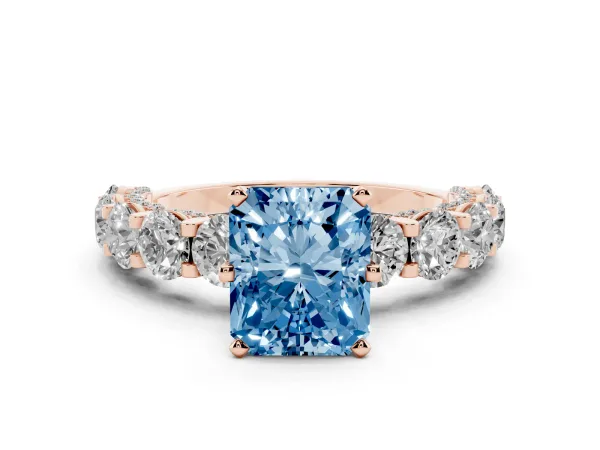 Fancy Blue Radiant Cut Diamond Side Stone Engagement Ring with Four-Prong Setting Rose gold