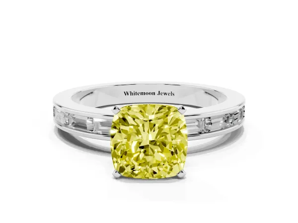 Fancy Yellow Cushion Cut Solitaire Diamond Ring with Channel-Set Baguette Band and Four-Prong Setting White gold