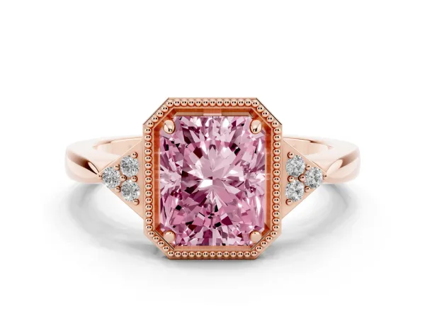 Fancy Pink Radiant Cut Diamond Halo Ring with Tapered Band and Four-Prong Setting Rose gold