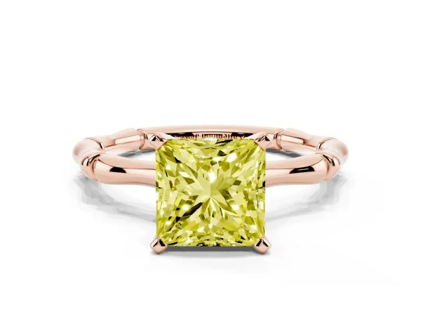 Fancy Yellow Princess Cut Solitaire Diamond Ring with Bamboo Band and Four-Prong Setting Rose gold