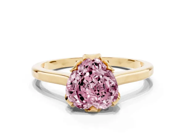Fancy Pink Heart Cut Diamond Solitaire Ring with Flower Prong Setting and Classic Band Yellow gold