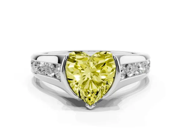 Fancy Yellow Heart Cut Solitaire Bezel-Set Diamond Ring with Channel-Set Band Platinum
