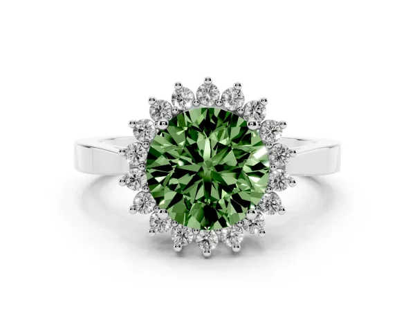 Fancy Green Round Cut Cut Diamond Halo Ring with Round Brilliant Halo and Solitaire Band Platinum