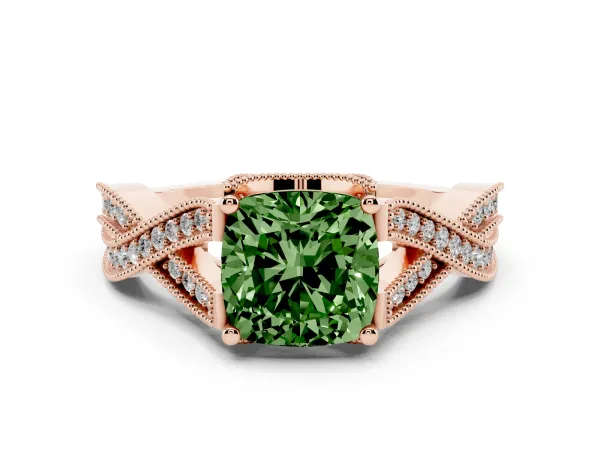 Fancy Green Cushion Cut Cut Diamond Twisted Band with Milgrain Pave Setting and Four-Prong Setting Rose gold