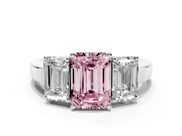Fancy Pink Three-Stone Emerald Cut Cut Diamond Engagement Ring with Flat Band and Four-Prong Setting White gold