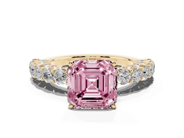 Fancy Pink Asscher Cut Diamond Solitaire Ring with Shared Prong Pavé Band and Four-Prong Setting Yellow gold
