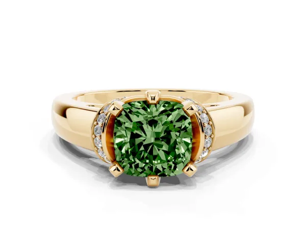 Fancy Green Cushion Cut Solitaire Diamond Ring with Pave Band and Six-Prong Setting Yellow gold