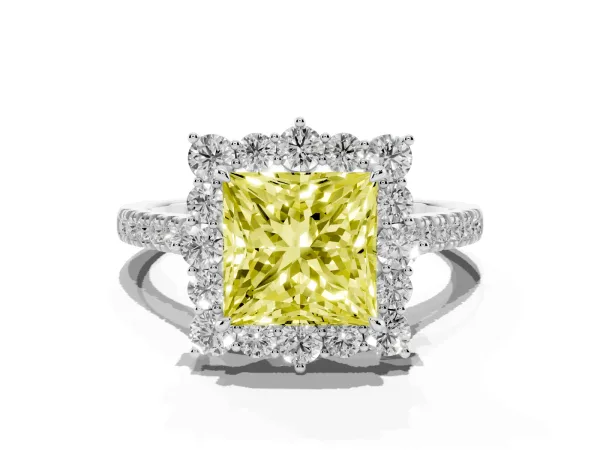 Fancy Yellow Princess Cut Halo Diamond Ring with Pavé Band and Prong Setting Platinum