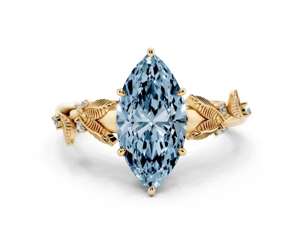 Fancy Blue Marquise Cut Diamond Solitaire Ring with Leaf Motif Band and Four-Prong Setting Yellow gold