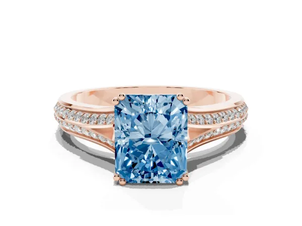 Fancy Blue Radiant Cut Diamond Split Shank Engagement Ring with Pavé Band Rose gold
