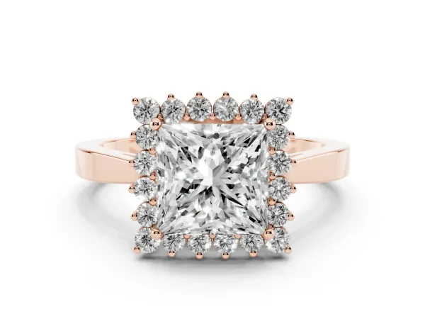 Princess Cut Cut Diamond Halo Ring with Round Brilliant Halo and Solitaire Band Rose gold