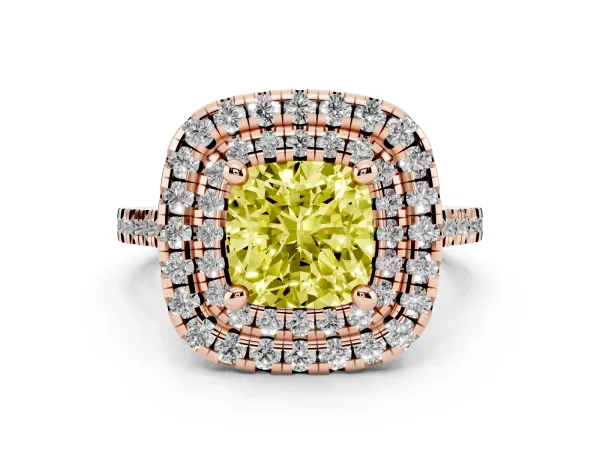Fancy Yellow Double Halo Cushion Cut Diamond Pavé Band with Four-Prong Setting Rose gold