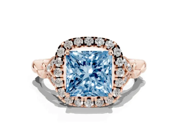 Fancy Blue Princess Cut Halo Diamond Engagement Ring with Vintage-Inspired Band and Four-Prong Setting Rose gold
