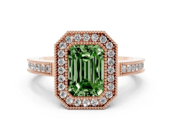 Fancy Green Emerald Cut Cut Halo Diamond Ring with Pavé Band and Milgrain Prong Setting Rose gold
