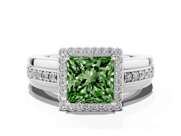 Fancy Green Princess Cut Cut Halo Pave Band Four-Prong Ring Platinum