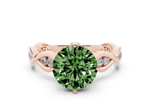 Fancy Green Round Cut Solitaire Twist Band with Leaf Prong Setting Rose gold