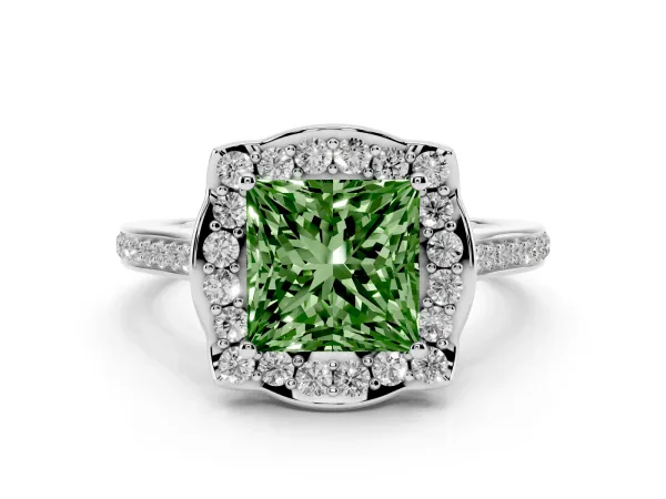 Fancy Green Princess Cut Halo Round Diamond Pave Band with Four-Prong Setting White gold