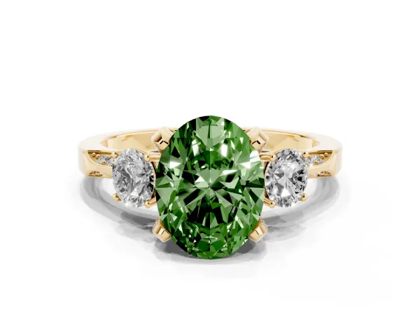 Fancy Green Oval Cut Brilliant Three-Stone Diamond Ring with Pavé Band and Four-Prong Setting Yellow gold