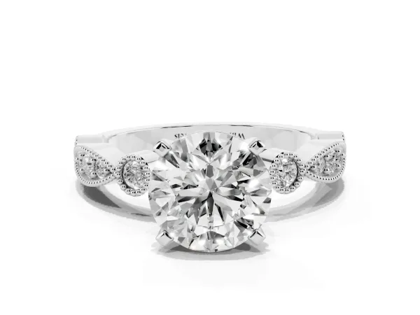 Round Cut Milgrain Bezel Diamond Engagement Ring with Solitaire Prong Setting Platinum