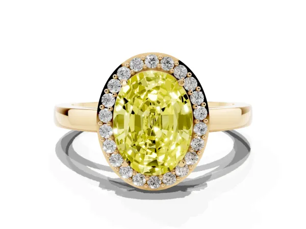 Fancy Yellow Oval Cut Halo Diamond Ring with Solitaire Band and Prong Setting Yellow gold