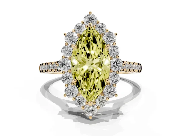 Fancy Yellow Marquise Cut Halo Diamond Ring with Pavé Band and Prong Setting Yellow gold