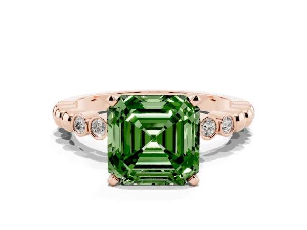 Fancy Green Asscher Cut Solitaire Bezel Accent Diamond Engagement Ring with Beaded Band and Four-Prong Setting Rose gold